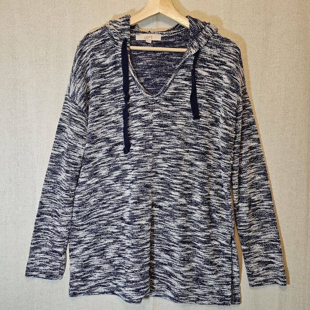 LOFT Navy & White Spacedye Textured Hoodie Top Versatile Comfy Large